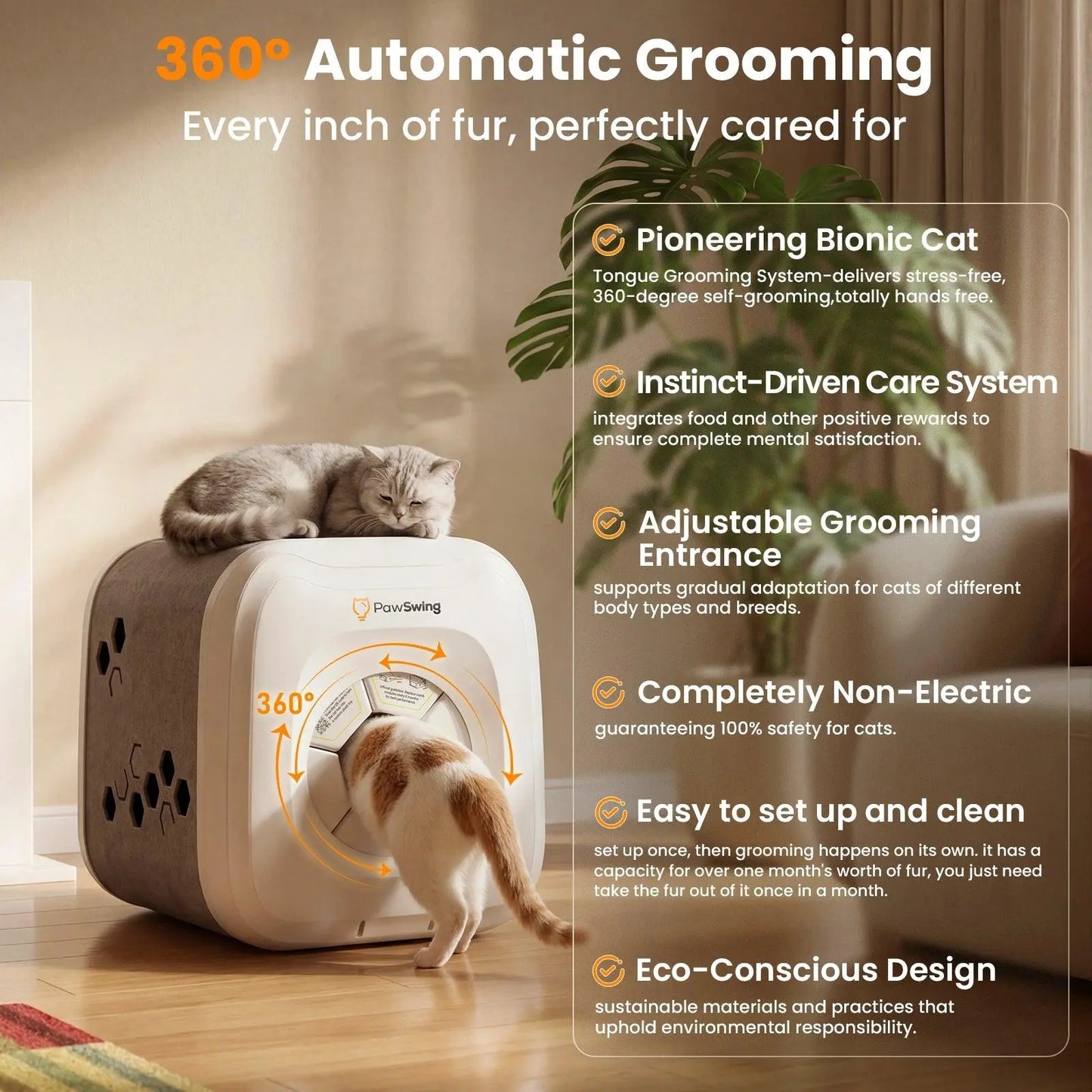 Pawswing Neo Cat Self-Groomer — 360° Hands-Free Brush for Shedding & Hairball Control | Tongue-Mimicking Bristles | Auto Fur Collection | No Batteries Needed