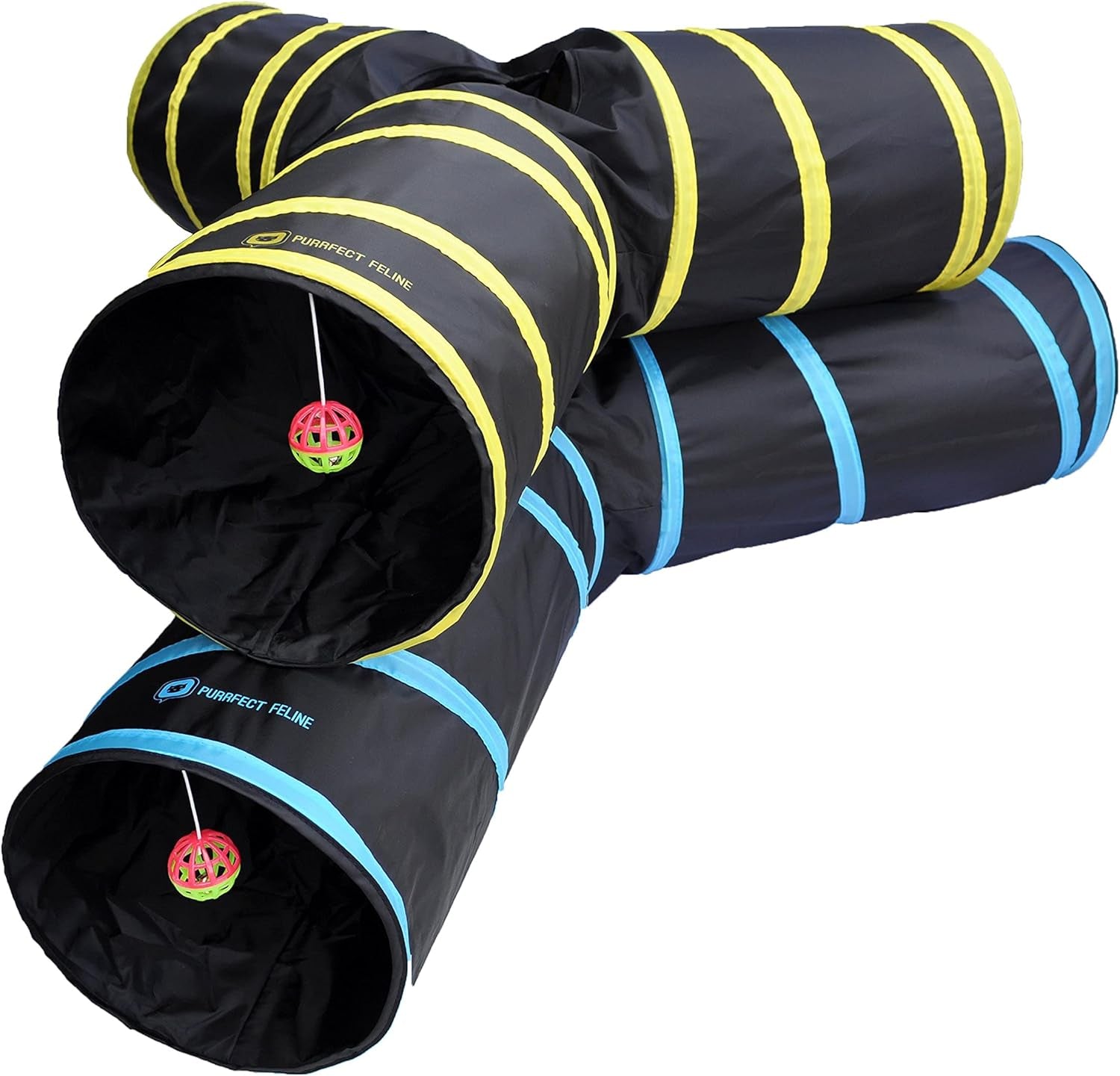 3-Way Cat Tunnel for Indoor Cats — Large Collapsible Play Tunnel with Crinkle Toy, Jingle Ball & Peephole | Durable, Steel Frame | For Cats, Rabbits & Small Pets | Blue