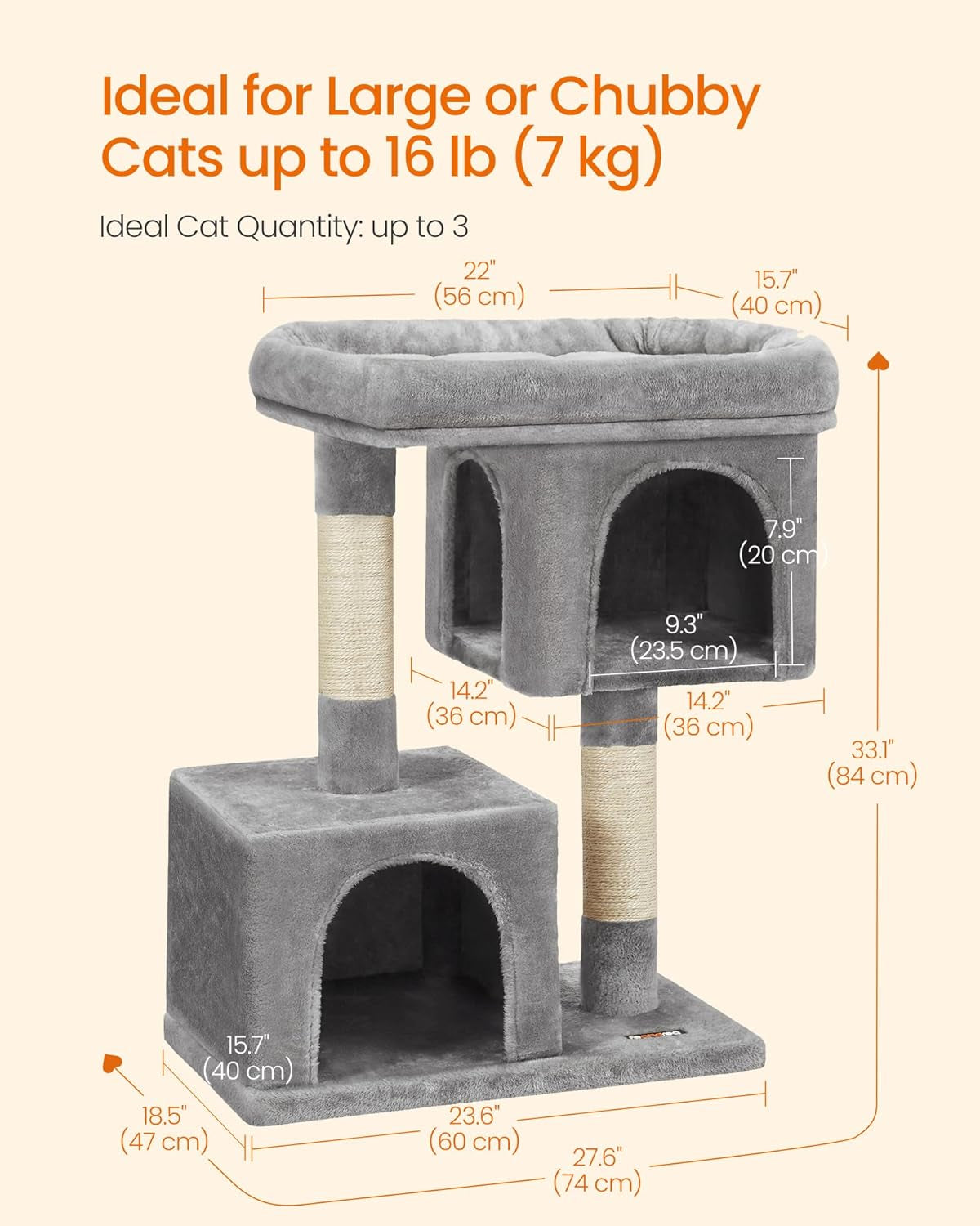 Cat Tree 33.1" — Large Perch, 2 Caves & 2 Scratching Posts | Plush Cat Tower for Large Cats up to 16 lbs | Sturdy, Anti-Tip, Easy Assembly | Light Gray