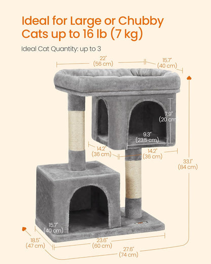 Cat Tree 33.1" — Large Perch, 2 Caves & 2 Scratching Posts | Plush Cat Tower for Large Cats up to 16 lbs | Sturdy, Anti-Tip, Easy Assembly | Light Gray