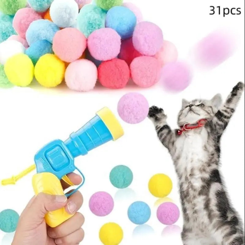 Cat Ball Toy Launcher Gun Set — 31 Plush Balls Included | Interactive Indoor Toy for Adult Cats & Kittens | Safe, Soft & Durable