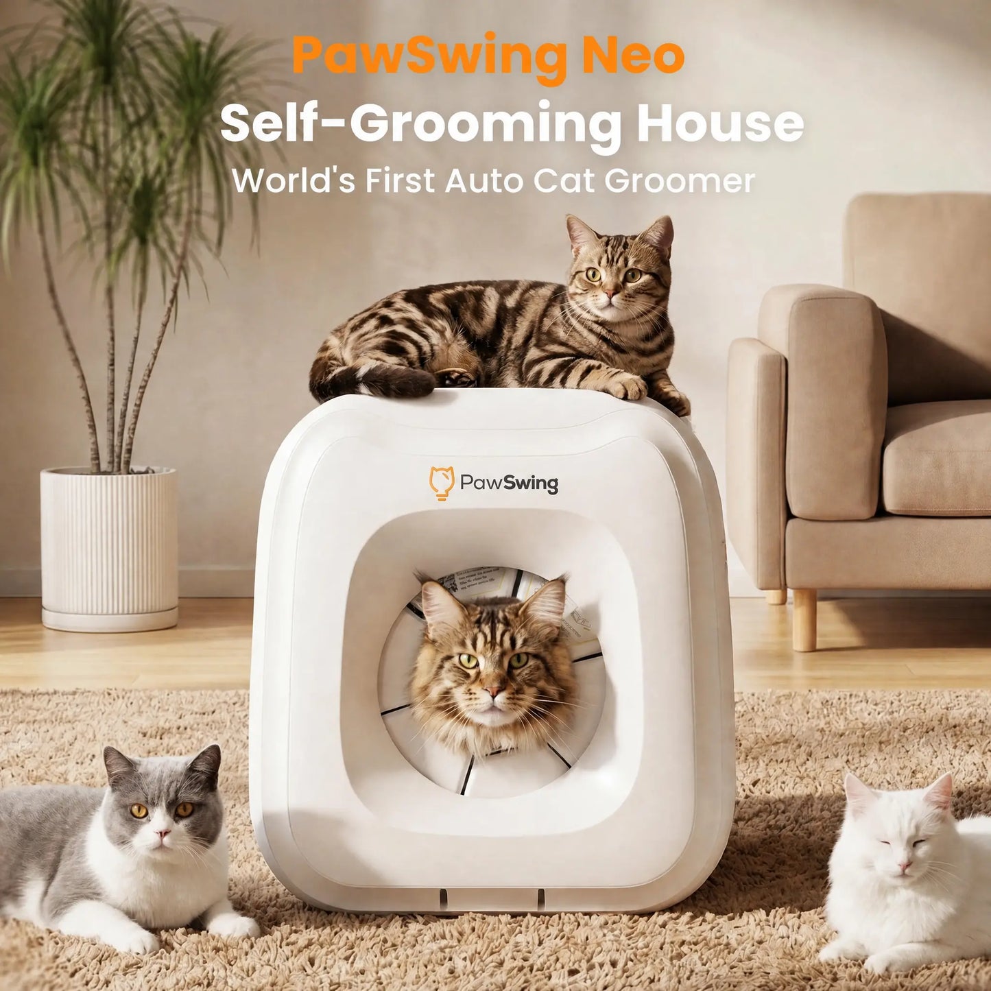 Pawswing Neo Cat Self-Groomer — 360° Hands-Free Brush for Shedding & Hairball Control | Tongue-Mimicking Bristles | Auto Fur Collection | No Batteries Needed