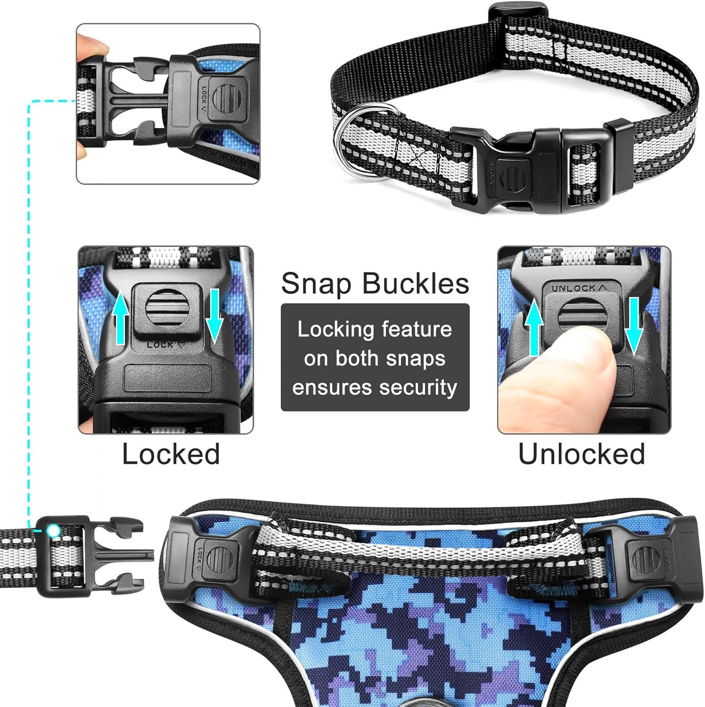 WINSEE No-Pull Dog Harness with Lockable Collar — Dual Front & Back Leash Clips, Reflective Straps & Top Handle | 1680D Oxford, Breathable Mesh | For Medium & Large Dogs