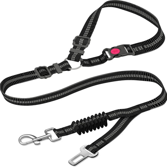 Adjustable Dog Car Seat Belt — Dual Fixing Design with Headrest Attachment & Seat Buckle | Shock-Absorbing, Heavy-Duty Metal Clip | For Small & Large Dogs | Safe & Comfortable Car Rides