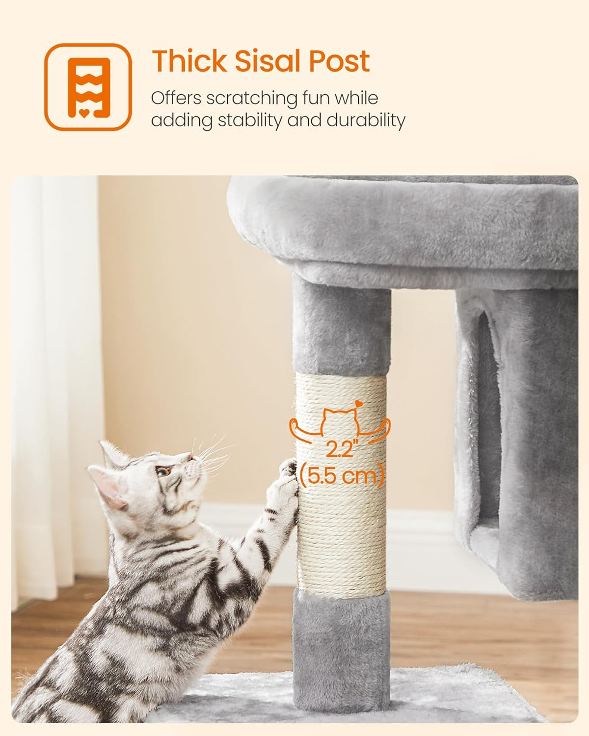Cat Tree 33.1" — Large Perch, 2 Caves & 2 Scratching Posts | Plush Cat Tower for Large Cats up to 16 lbs | Sturdy, Anti-Tip, Easy Assembly | Light Gray