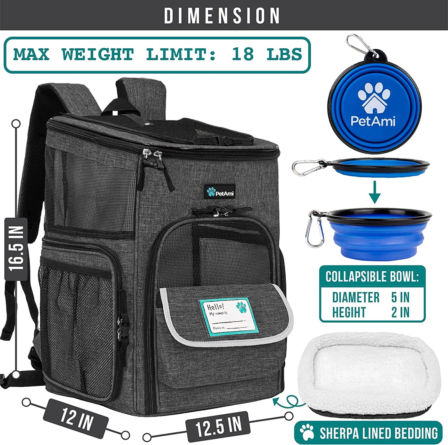 Dog & Cat Backpack Carrier — Airline Approved, 4-Way Entry, Ventilated Mesh | Fits Pets up to 18 lbs | Collapsible, Sherpa Cushion & Safety Leash Clip | Hiking & Travel | Charcoal Gray