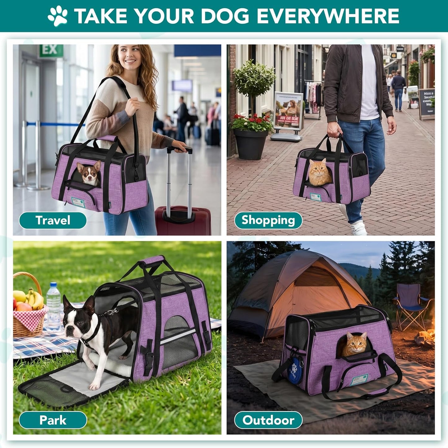 Airline Approved Pet Carrier — Soft-Sided TSA Travel Bag for Cats & Small Dogs up to 18 lbs | Sherpa Bed, Collapsible Bowl & Breathable Mesh | Large, Heather Purple
