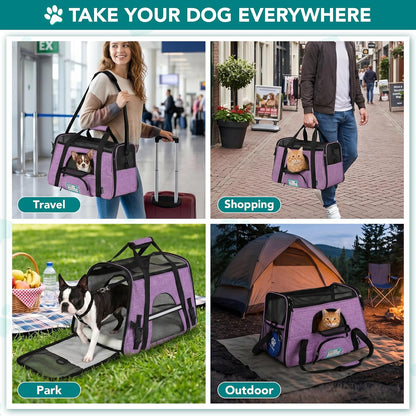 Airline Approved Pet Carrier — Soft-Sided TSA Travel Bag for Cats & Small Dogs up to 18 lbs | Sherpa Bed, Collapsible Bowl & Breathable Mesh | Large, Heather Purple