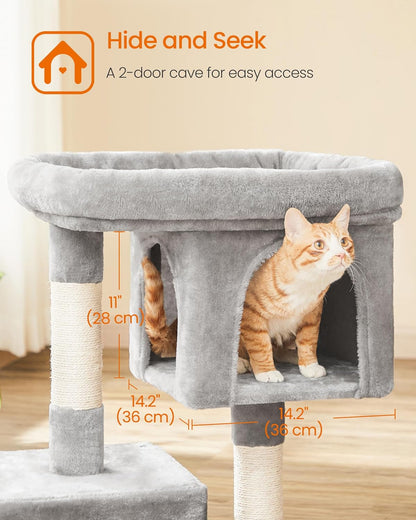 Cat Tree 33.1" — Large Perch, 2 Caves & 2 Scratching Posts | Plush Cat Tower for Large Cats up to 16 lbs | Sturdy, Anti-Tip, Easy Assembly | Light Gray