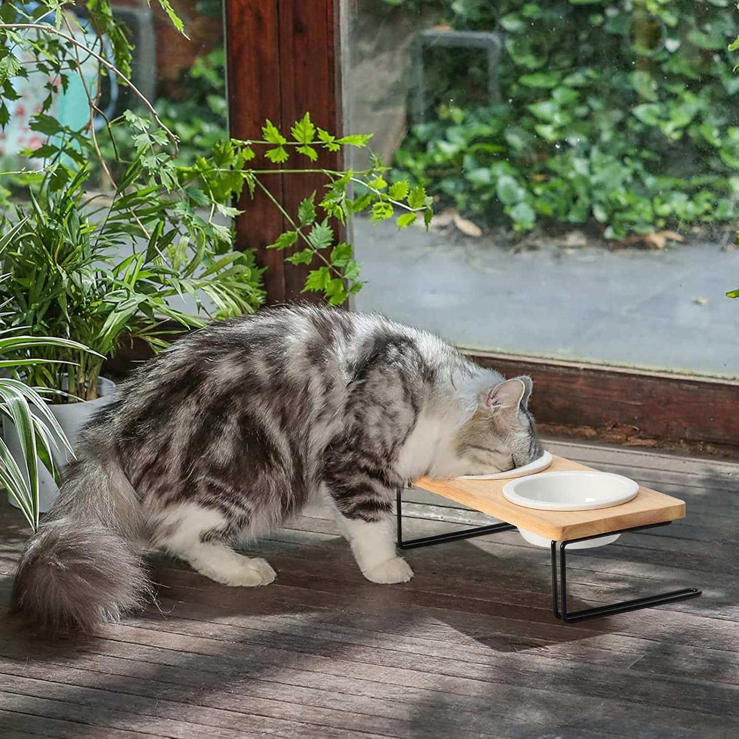 Elevated Ceramic Cat Bowls with Solid Wood Stand — Raised Food & Water Feeder Set for Cats & Puppies | Whisker-Friendly, Dishwasher Safe, Non-Slip | SGS Certified Food-Grade
