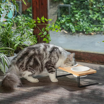 Elevated Ceramic Cat Bowls with Solid Wood Stand — Raised Food & Water Feeder Set for Cats & Puppies | Whisker-Friendly, Dishwasher Safe, Non-Slip | SGS Certified Food-Grade