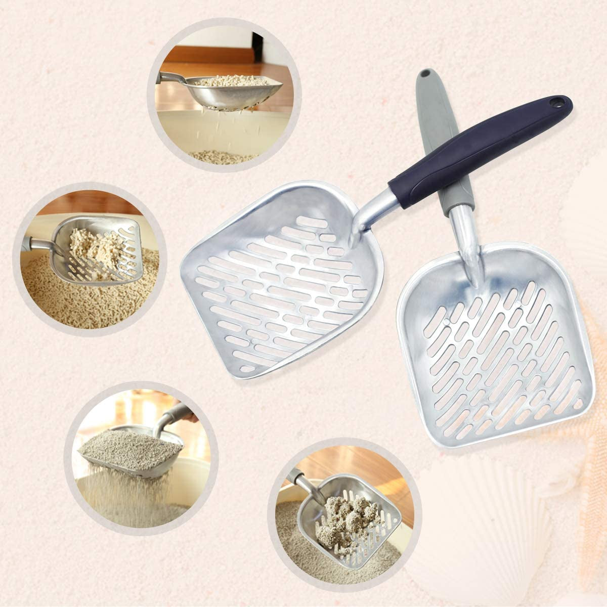 Vivaglory Metal Cat Litter Scoop — Heavy-Duty Solid Aluminum, Jumbo Size | Deep Shovel, 0.2" Sifting Slots & Ergonomic Rubber Handle | Easy Clean, Rust-Proof | Navy Blue