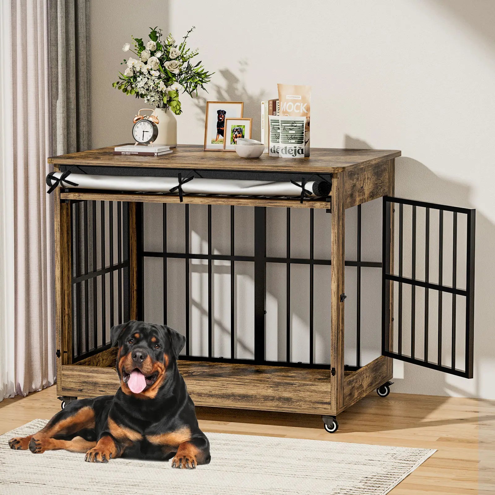 Luxury XL Wooden Dog Crate – Furniture-Style Kennel with Wheels, Double Doors & Reinforced Steel Bars