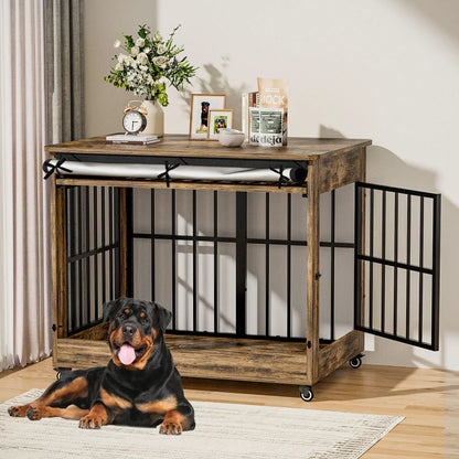 Luxury XL Wooden Dog Crate – Furniture-Style Kennel with Wheels, Double Doors & Reinforced Steel Bars