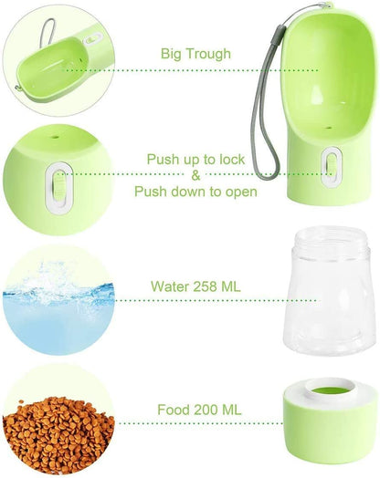 Portable Dog Water Bottle with Bowl & Food Container — 2-in-1 Leak-Proof Travel Dispenser | 250ml Water + 200ml Food | Dishwasher Safe, Food-Grade Plastic | For Outdoor Walking & Hiking | Green