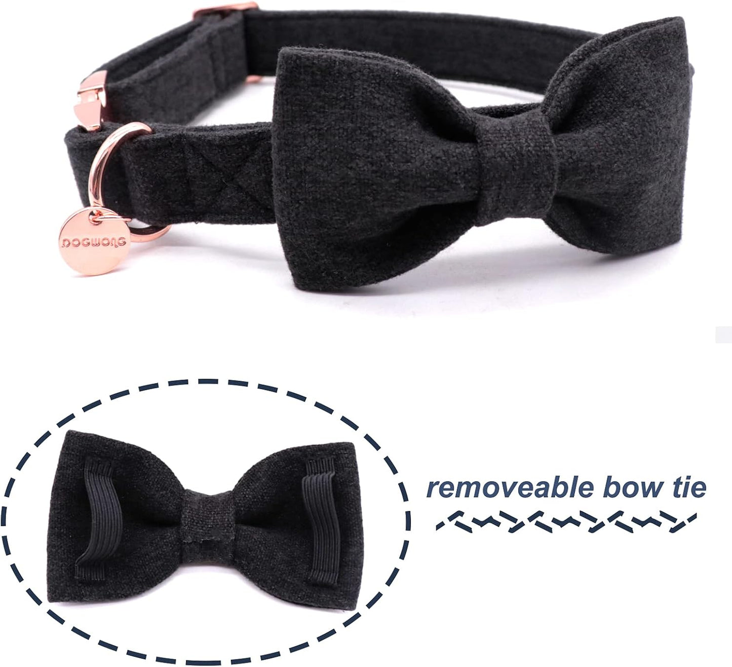 Hemp Cotton Dog Collar with Removable Bow — Natural, Breathable & Durable | Quick-Release Metal Buckle & D-Ring | Adjustable for Small, Medium & Large Dogs | Black