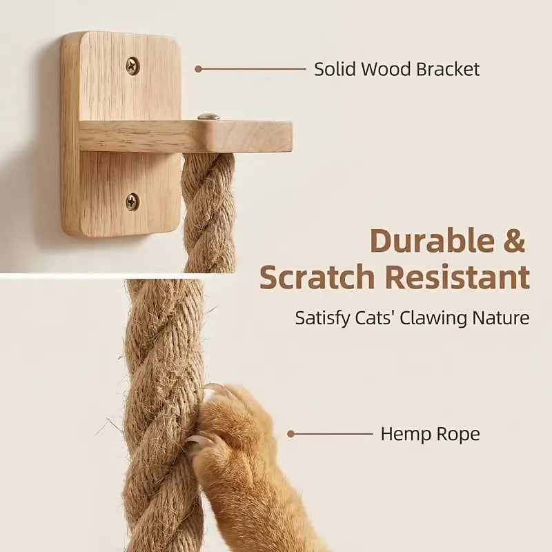 Vertical Cat Climbing Frame — Natural Hemp Rope Scratching Post | Wall-Mounted, Space-Saving Design | Indoor Cat Exercise & Activity Toy | Wall Hook Included