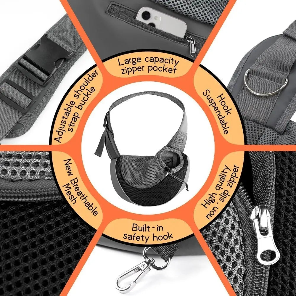 Pet Sling Carrier for Small Dogs & Cats — Hands-Free Crossbody Bag with Safety Hook, Breathable Mesh & Large Zipper Pocket | Adjustable Strap for Outdoor Use