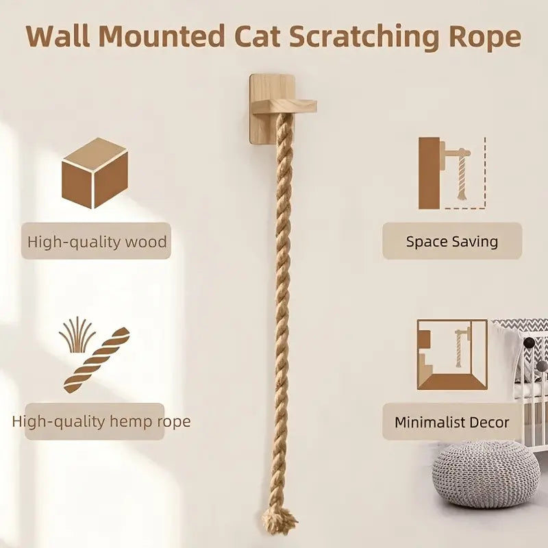 Vertical Cat Climbing Frame — Natural Hemp Rope Scratching Post | Wall-Mounted, Space-Saving Design | Indoor Cat Exercise & Activity Toy | Wall Hook Included