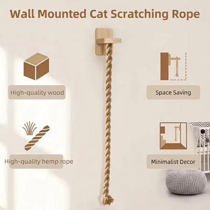 Vertical Cat Climbing Frame — Natural Hemp Rope Scratching Post | Wall-Mounted, Space-Saving Design | Indoor Cat Exercise & Activity Toy | Wall Hook Included