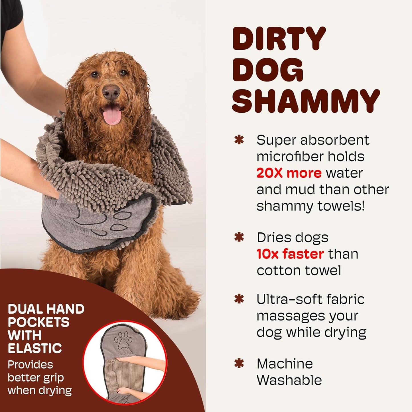 Dirty Dog Shammy Towel — 1500 GSM Super Absorbent Microfiber Dog Towel | Antimicrobial, Fast-Drying & Odor Control | Dual Hand Pockets | Machine Washable | 31 x 13 In | Grey