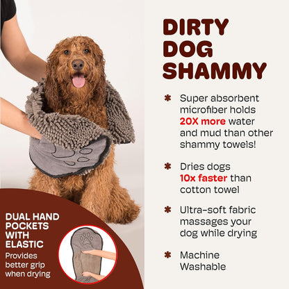 Dirty Dog Shammy Towel — 1500 GSM Super Absorbent Microfiber Dog Towel | Antimicrobial, Fast-Drying & Odor Control | Dual Hand Pockets | Machine Washable | 31 x 13 In | Grey