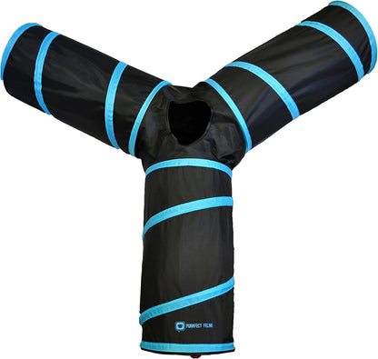 3-Way Cat Tunnel for Indoor Cats — Large Collapsible Play Tunnel with Crinkle Toy, Jingle Ball & Peephole | Durable, Steel Frame | For Cats, Rabbits & Small Pets | Blue