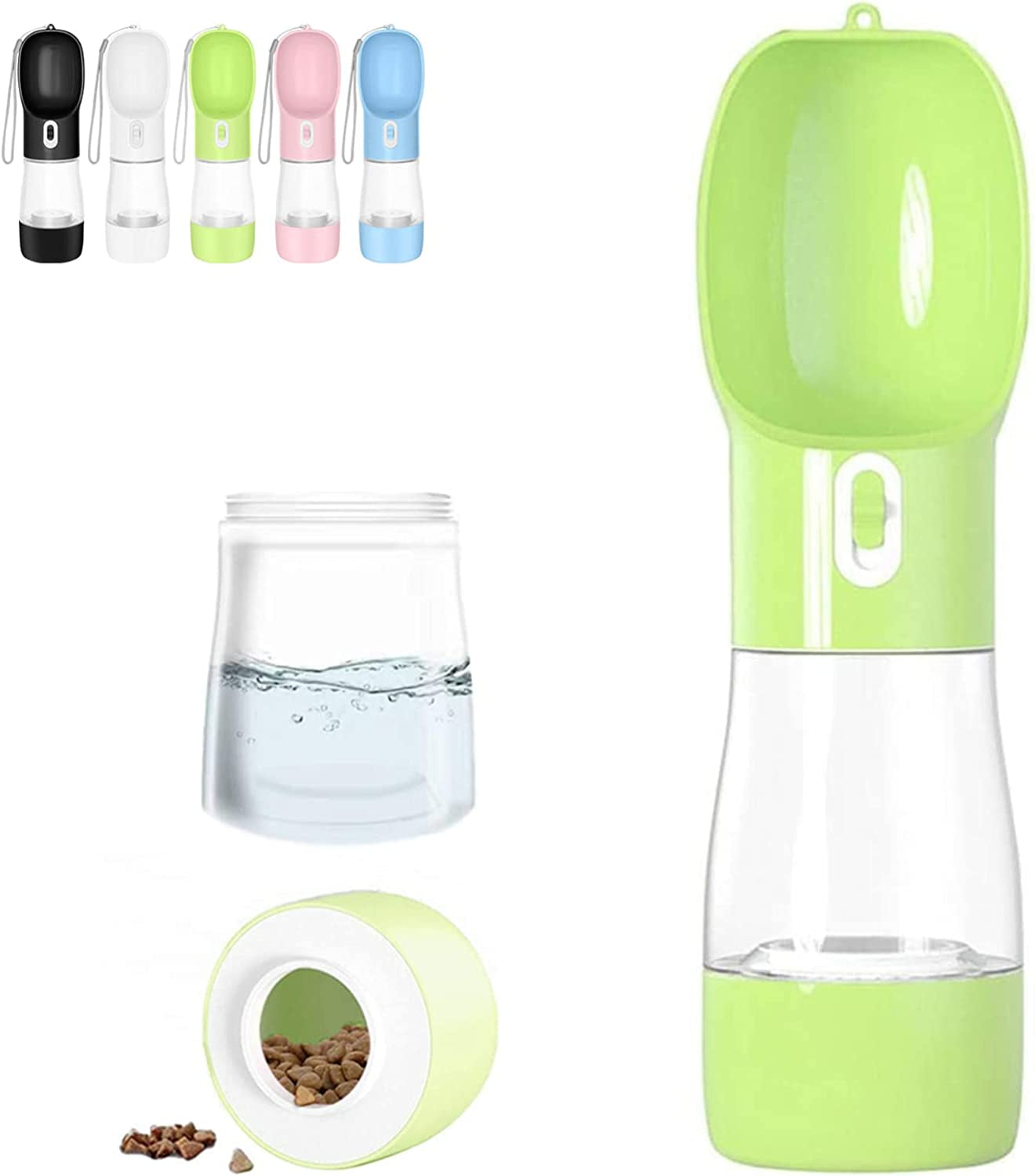 Portable Dog Water Bottle with Bowl & Food Container — 2-in-1 Leak-Proof Travel Dispenser | 250ml Water + 200ml Food | Dishwasher Safe, Food-Grade Plastic | For Outdoor Walking & Hiking | Green