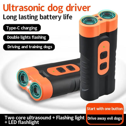 Rechargeable Dog Barking Deterrent — Ultrasonic Dual Emitter, 50ft Range | 25kHz Anti-Bark Control Tool | Indoor & Outdoor Use | Built-In Flashlight