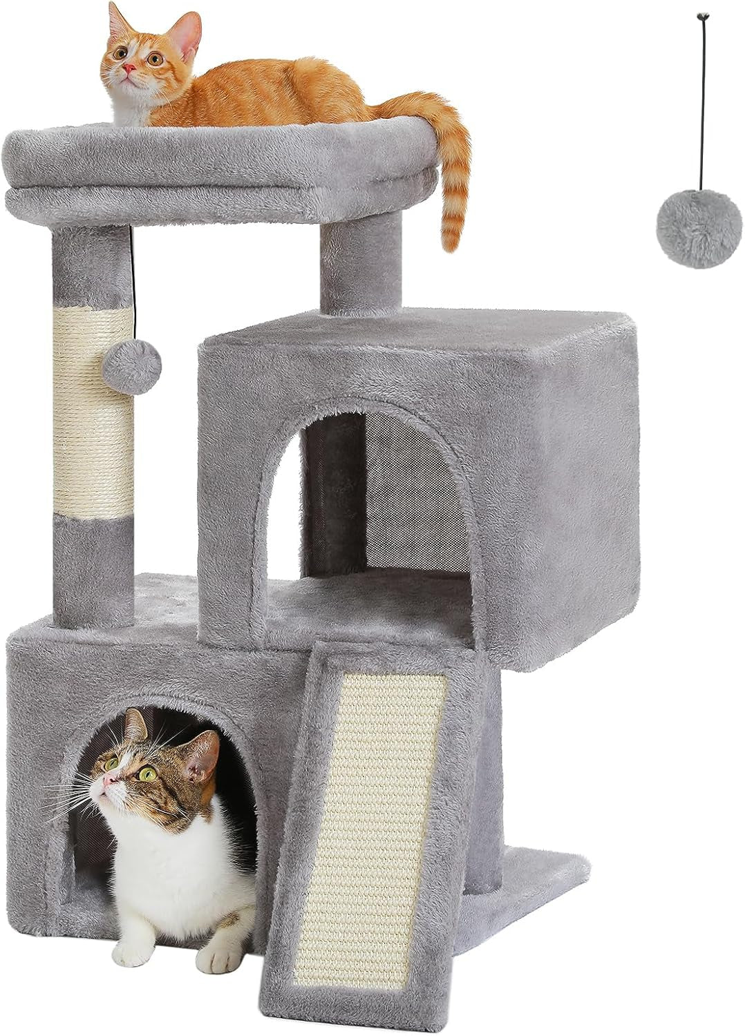Cat Tree 30" — Dual Condos, Padded Perch, Scratching Ramp & Posts, 2 Dangling Balls | Plush Cat Tower for Indoor Cats | Sturdy, Wall-Anchorable | Gray