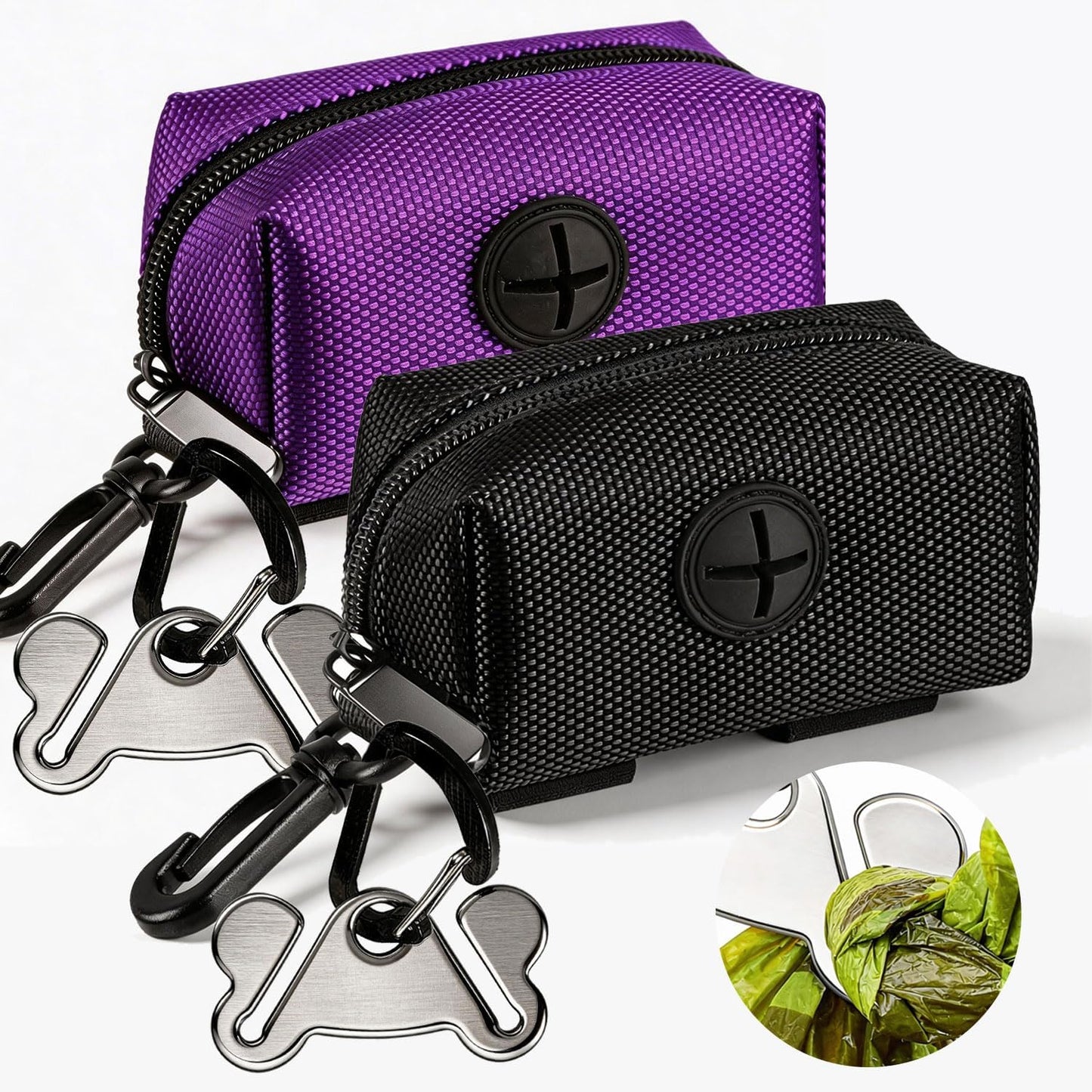 Dog Poop Bag Dispenser & Carrier Set — 2 Pack, Purple & Black | Soft Oxford Fabric, Leash Attachment | Hands-Free Walking Set with Waste Bag Holder | Fits Any Leash or Harness