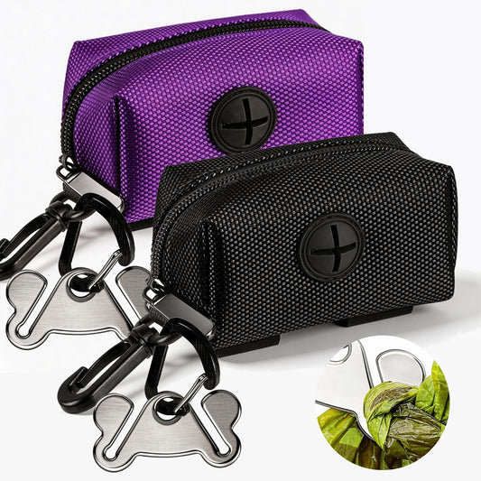 Dog Poop Bag Dispenser & Carrier Set — 2 Pack, Purple & Black | Soft Oxford Fabric, Leash Attachment | Hands-Free Walking Set with Waste Bag Holder | Fits Any Leash or Harness