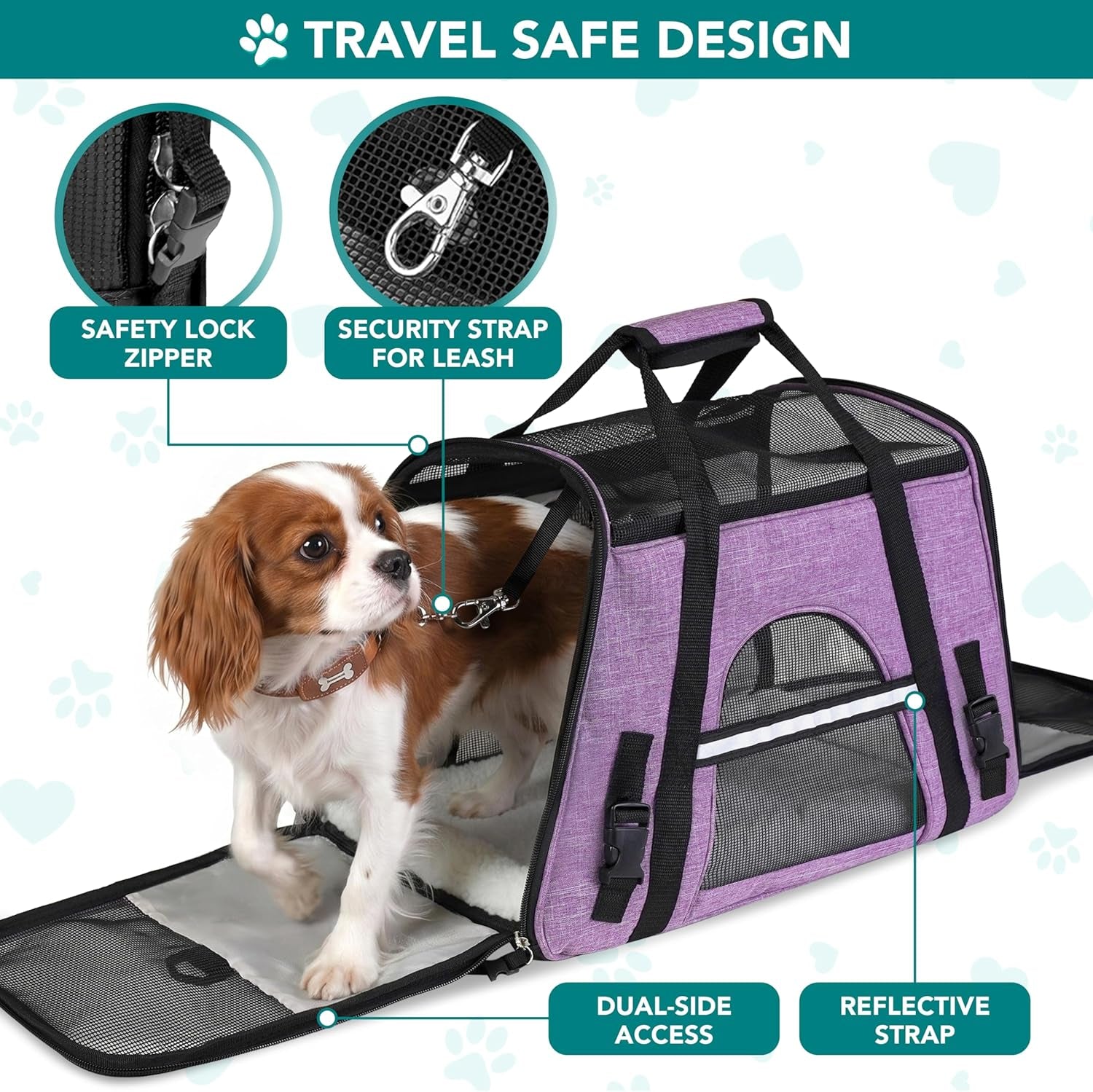 Airline Approved Pet Carrier — Soft-Sided TSA Travel Bag for Cats & Small Dogs up to 18 lbs | Sherpa Bed, Collapsible Bowl & Breathable Mesh | Large, Heather Purple