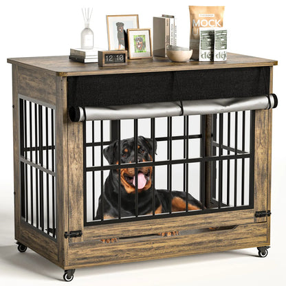 Luxury XL Wooden Dog Crate – Furniture-Style Kennel with Wheels, Double Doors & Reinforced Steel Bars