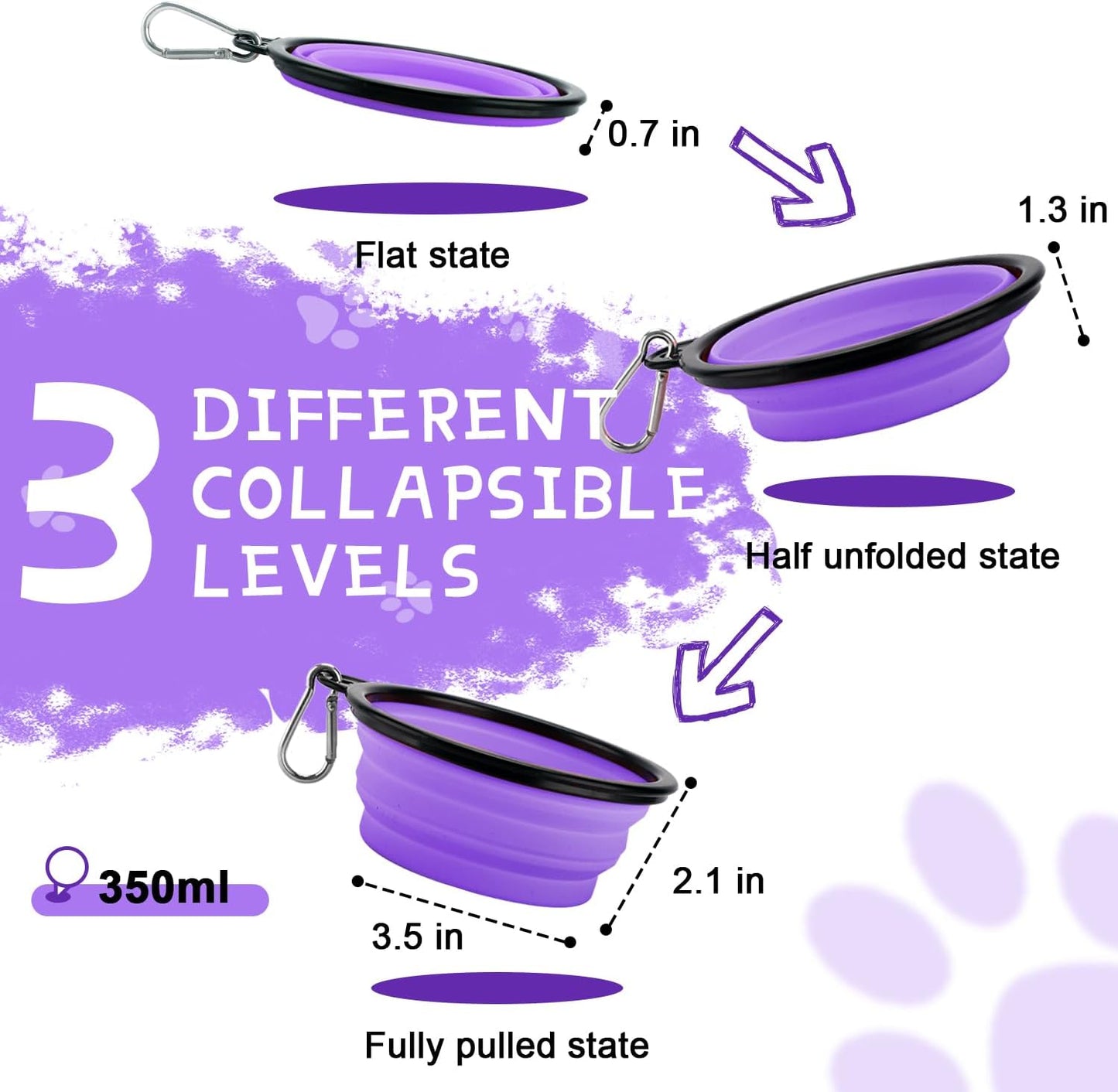 Collapsible Dog Bowls for Travel — 2-Pack BPA-Free Silicone Foldable Food & Water Bowls with Carabiner Clips | For Dogs & Cats | Purple & Pink, Small