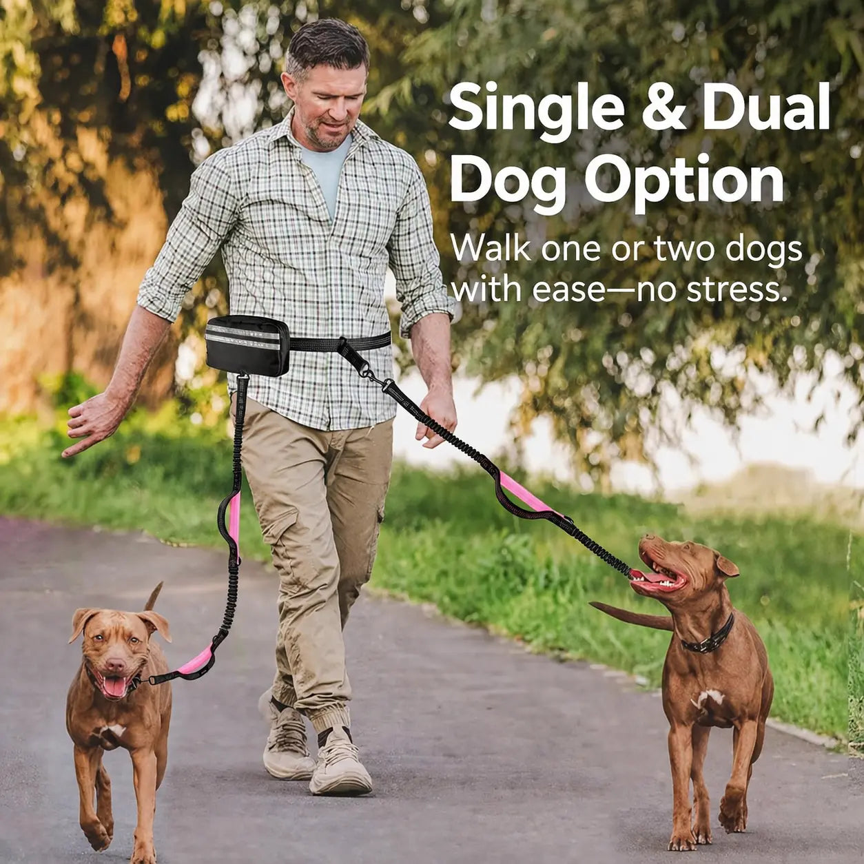 Pipidodo Hands-Free Dual Dog Leash — Walk Two Dogs at Once with Waist Bag & Cushioned Pad | Tangle-Free, Shock-Absorbing | Adjustable Waist Belt for Walking, Running & Hiking