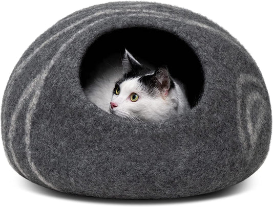 Meowfia Cat Cave Bed — Handmade Merino Wool Cat Hideaway for Indoor Cats | Eco-Friendly, Temperature-Regulating, Dual-Use | Dark Gray, Medium