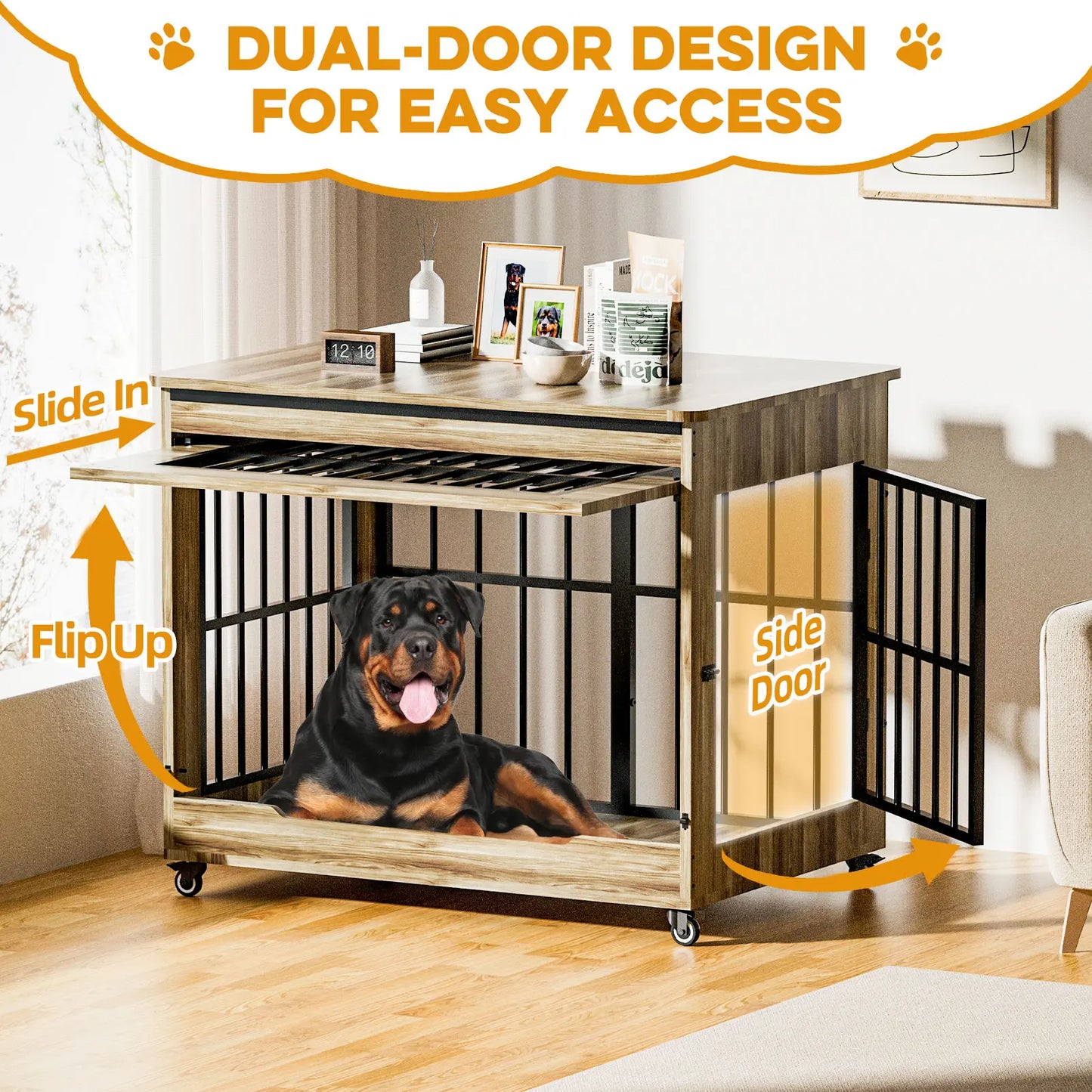 Luxury XL Wooden Dog Crate – Furniture-Style Kennel with Wheels, Double Doors & Reinforced Steel Bars