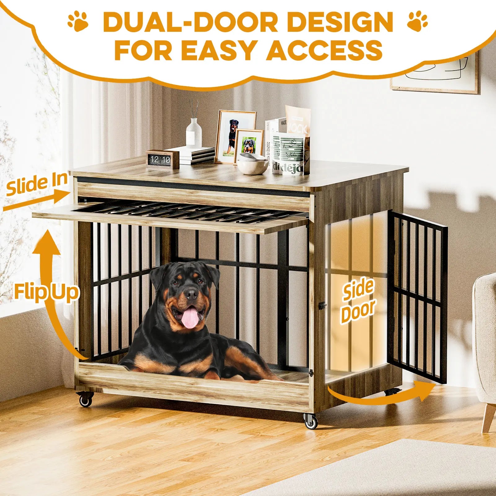 Luxury XL Wooden Dog Crate – Furniture-Style Kennel with Wheels, Double Doors & Reinforced Steel Bars