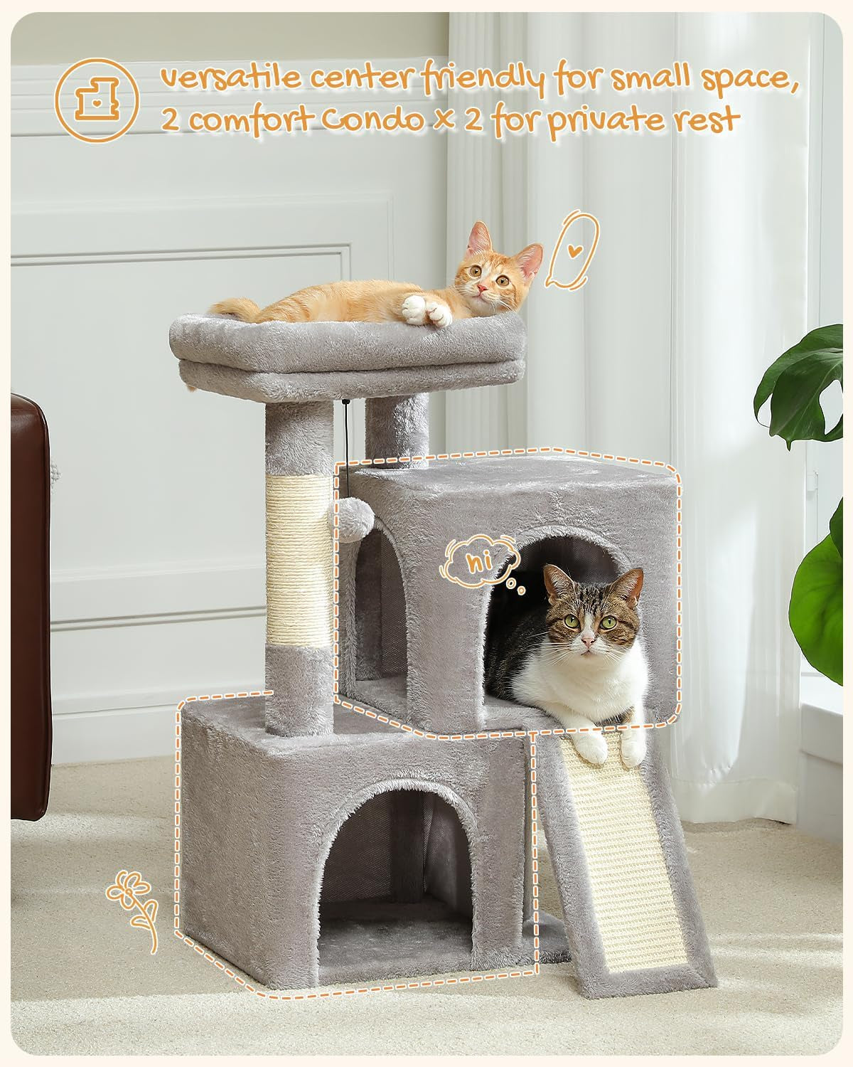 Cat Tree 30" — Dual Condos, Padded Perch, Scratching Ramp & Posts, 2 Dangling Balls | Plush Cat Tower for Indoor Cats | Sturdy, Wall-Anchorable | Gray
