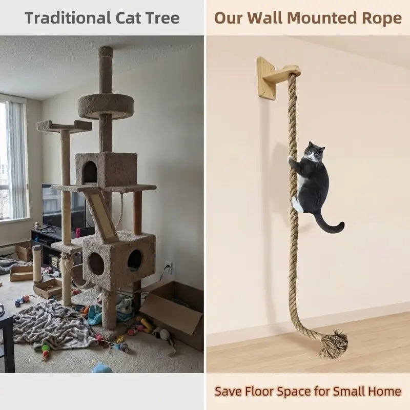 Vertical Cat Climbing Frame — Natural Hemp Rope Scratching Post | Wall-Mounted, Space-Saving Design | Indoor Cat Exercise & Activity Toy | Wall Hook Included