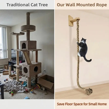 Vertical Cat Climbing Frame — Natural Hemp Rope Scratching Post | Wall-Mounted, Space-Saving Design | Indoor Cat Exercise & Activity Toy | Wall Hook Included