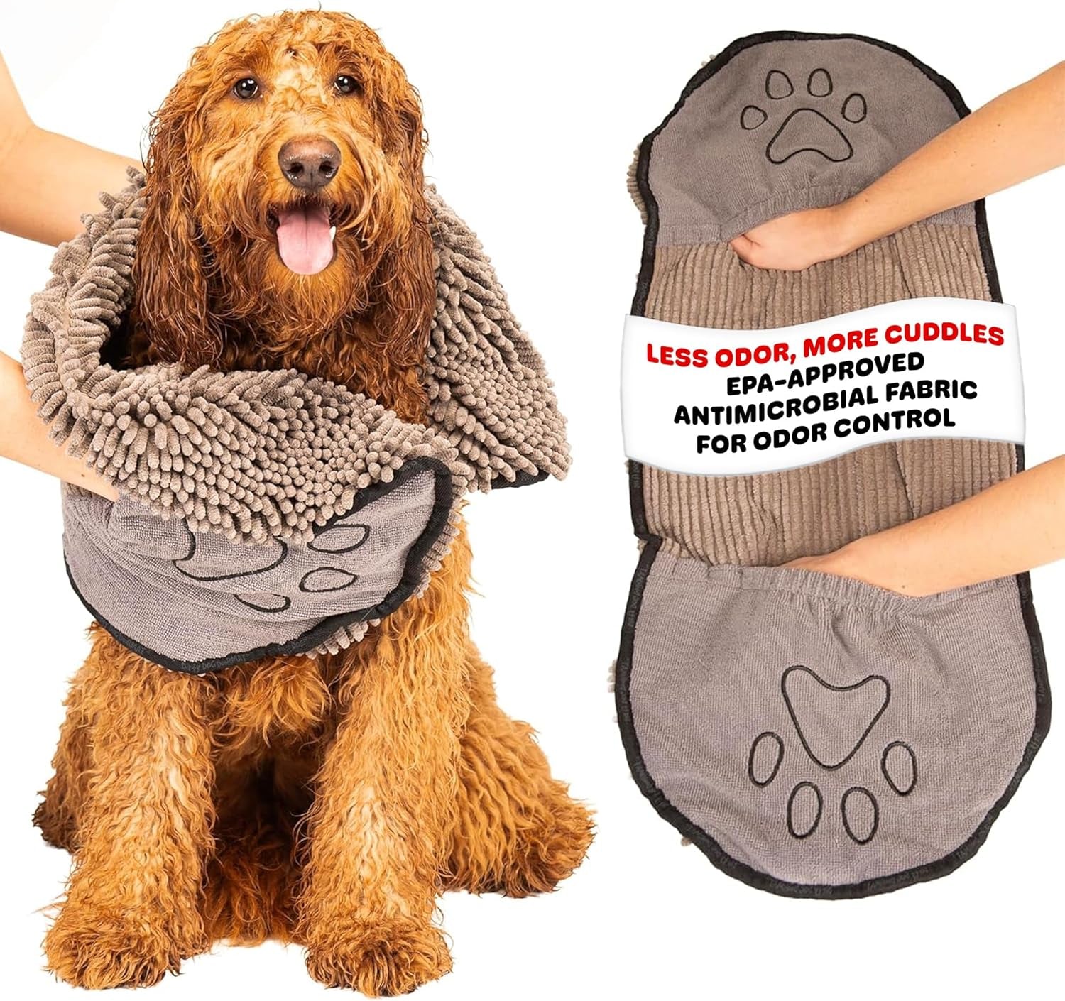 Dirty Dog Shammy Towel — 1500 GSM Super Absorbent Microfiber Dog Towel | Antimicrobial, Fast-Drying & Odor Control | Dual Hand Pockets | Machine Washable | 31 x 13 In | Grey