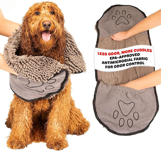 Dirty Dog Shammy Towel — 1500 GSM Super Absorbent Microfiber Dog Towel | Antimicrobial, Fast-Drying & Odor Control | Dual Hand Pockets | Machine Washable | 31 x 13 In | Grey