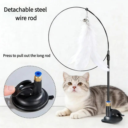 Suction Cup Feather Cat Toy — 2-in-1 Interactive Wand & Hands-Free Kitten Toy | Strong Suction Base for Floor, Wall & Window | Relieves Boredom & Anxiety
