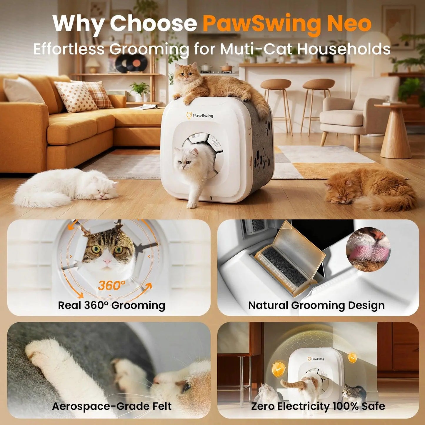 Pawswing Neo Cat Self-Groomer — 360° Hands-Free Brush for Shedding & Hairball Control | Tongue-Mimicking Bristles | Auto Fur Collection | No Batteries Needed