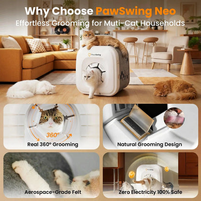 Pawswing Neo Cat Self-Groomer — 360° Hands-Free Brush for Shedding & Hairball Control | Tongue-Mimicking Bristles | Auto Fur Collection | No Batteries Needed