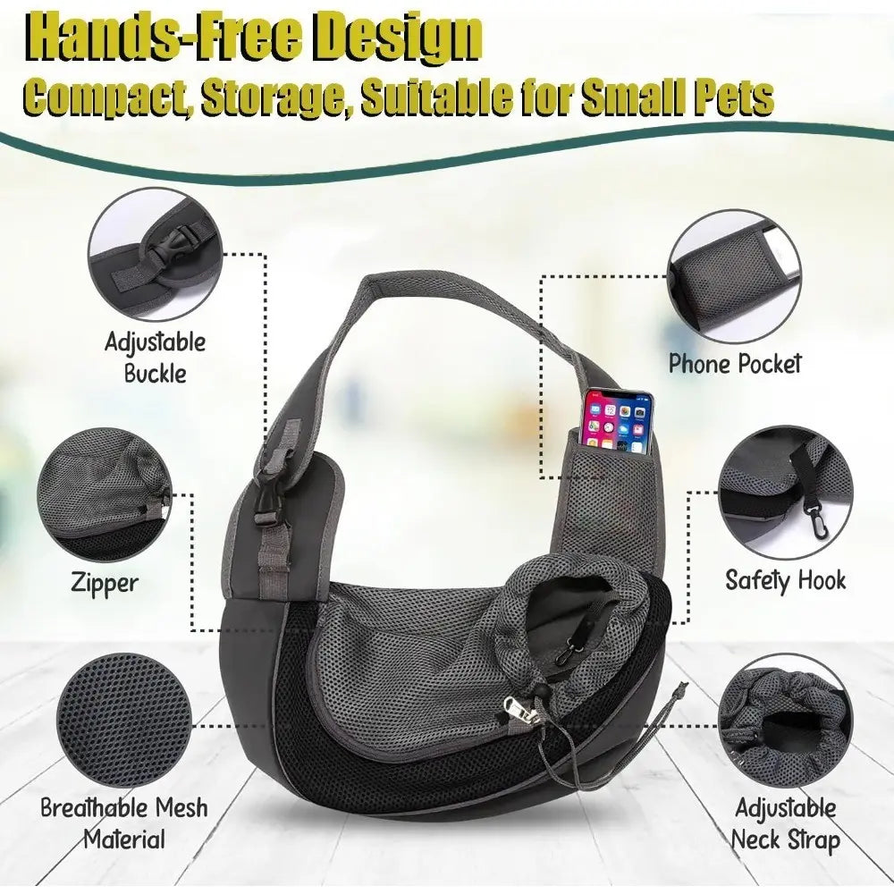 Pet Sling Carrier for Small Dogs & Cats — Hands-Free Crossbody Bag with Safety Hook, Breathable Mesh & Large Zipper Pocket | Adjustable Strap for Outdoor Use
