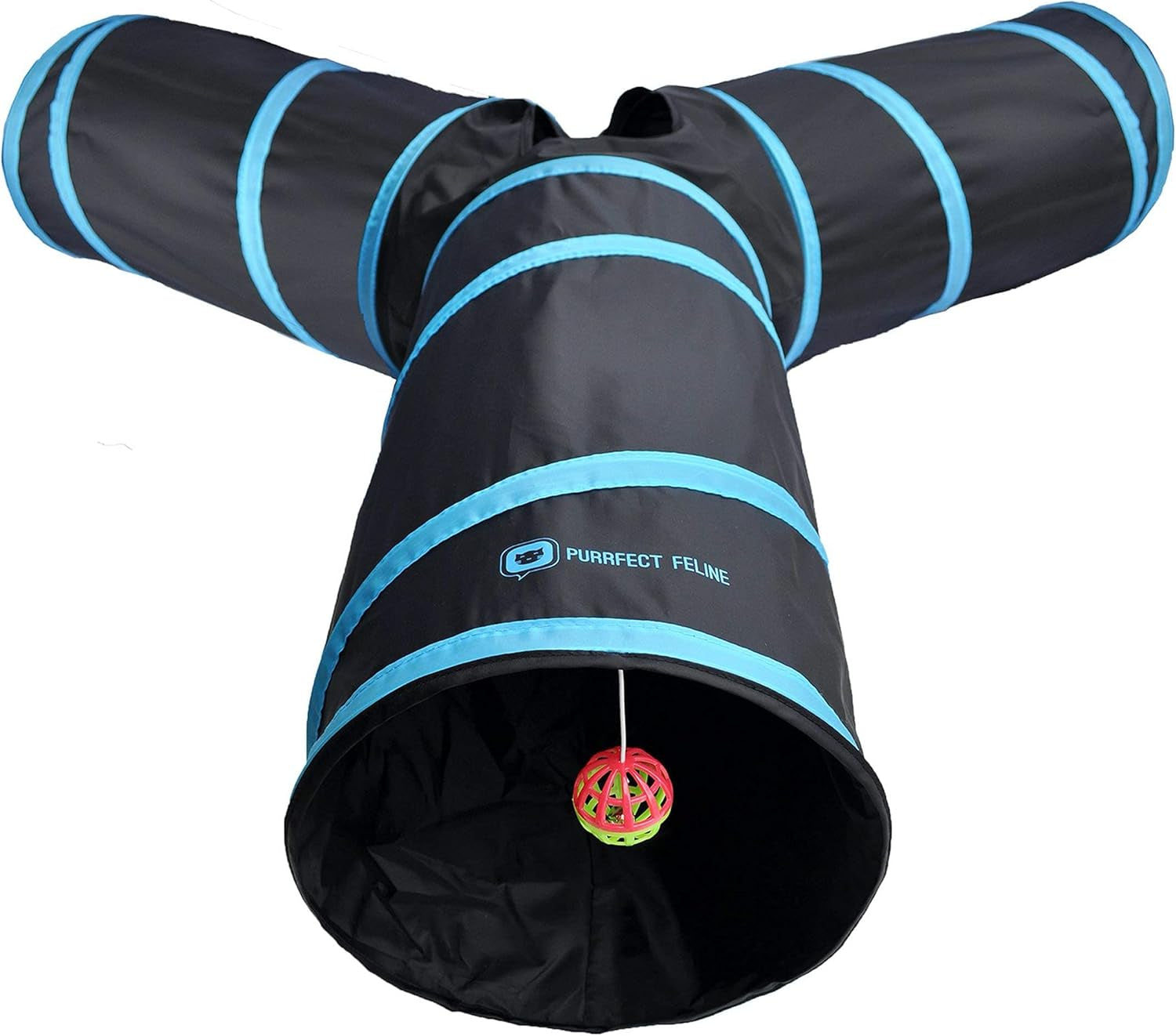 3-Way Cat Tunnel for Indoor Cats — Large Collapsible Play Tunnel with Crinkle Toy, Jingle Ball & Peephole | Durable, Steel Frame | For Cats, Rabbits & Small Pets | Blue