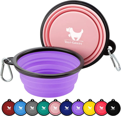 Collapsible Dog Bowls for Travel — 2-Pack BPA-Free Silicone Foldable Food & Water Bowls with Carabiner Clips | For Dogs & Cats | Purple & Pink, Small